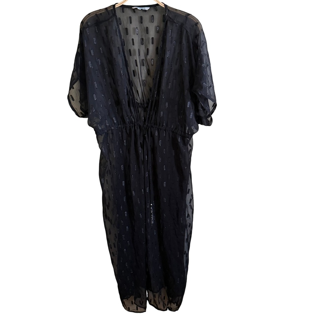 Blue Island Black Sheer Fil Coupe Kaftan Dress Metallic Accents Beaded Tassel M
